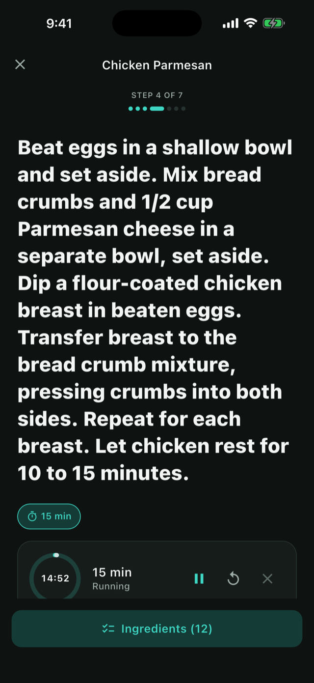 Cooking mode step with an automatic 15-minute timer