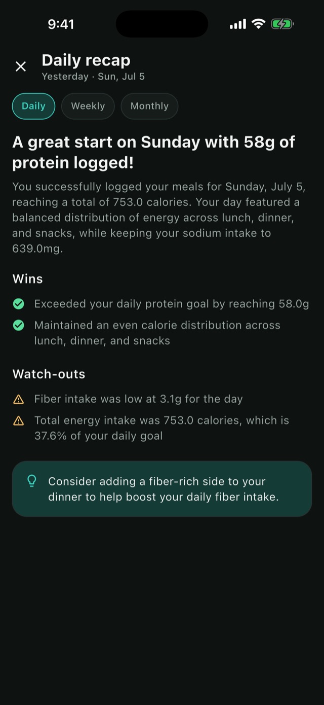AI daily recap with wins, watch-outs, and a suggestion