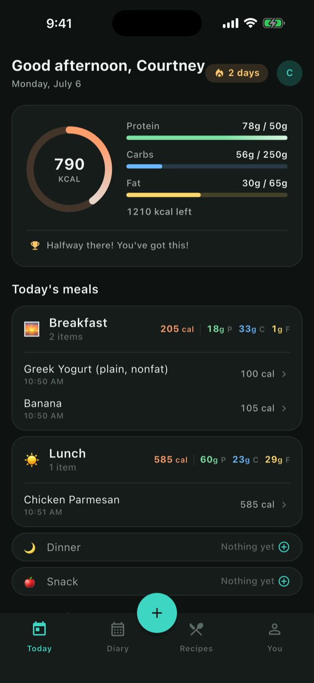 DishDecoded Today screen — calories, macros, and today's meals at a glance
